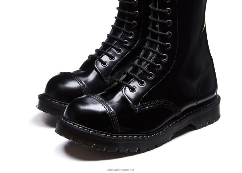 Men Solovair Black Hi-Shine 14 Eye Steel Toe Derby Boot 2N2B8131
