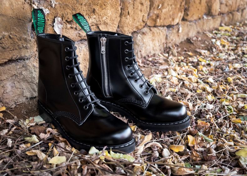 Men Solovair Black Hi-Shine 8 Eye Zip Derby Boot 2N2B872