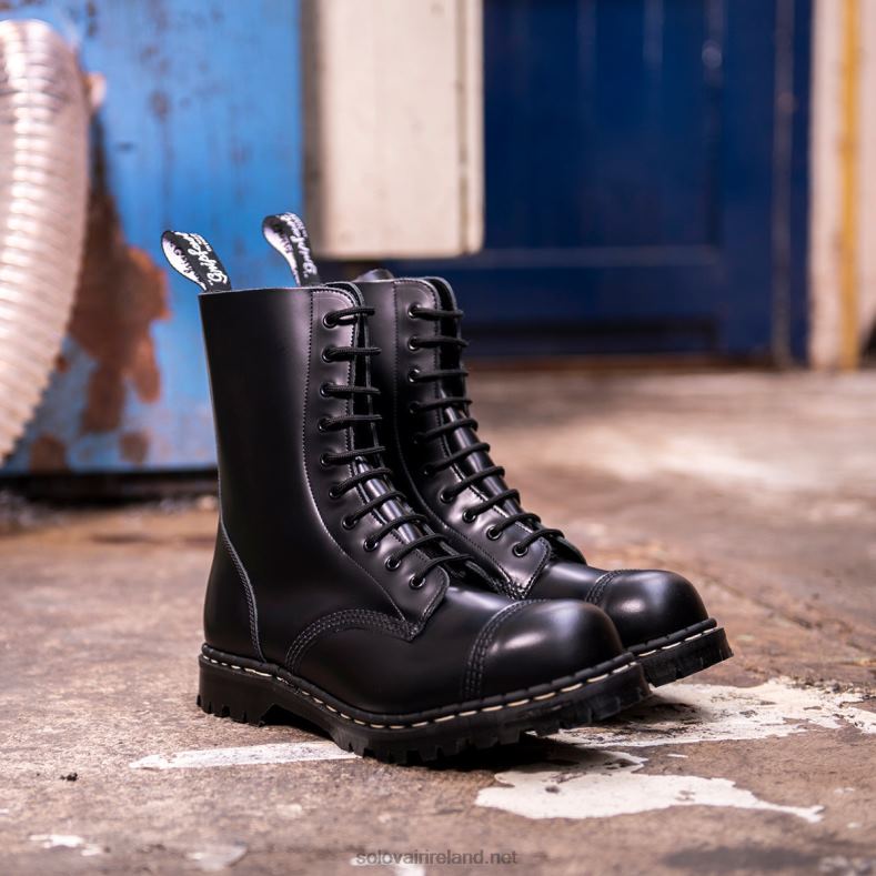 Women Solovair Black Hi-Shine 10 Eye Steel Toe Capped Derby Boot 2N2B8326