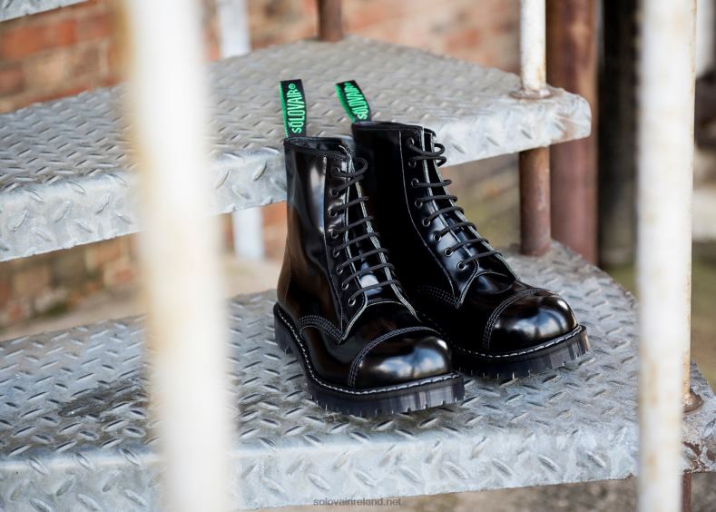 Women Solovair Black Hi-Shine 8 Eye Steel Toe Derby Boot 2N2B8301